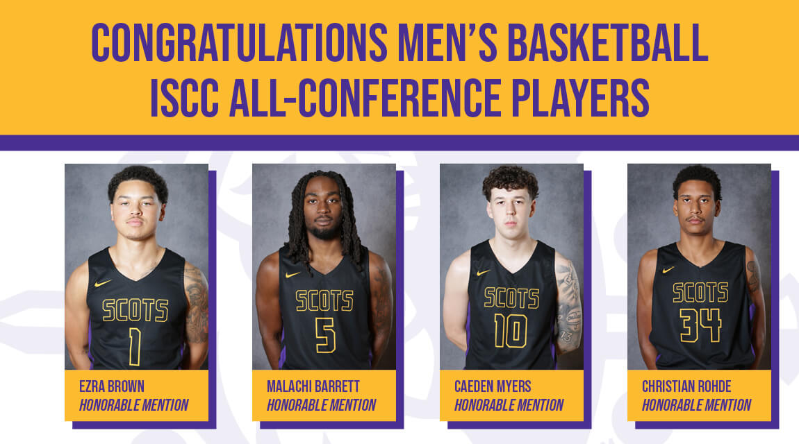 Four members of the men's basketball team pose with "Congratulations" for Ezra Brown, Malachi Barrett, Caeden Myers, and Christian Rohde.