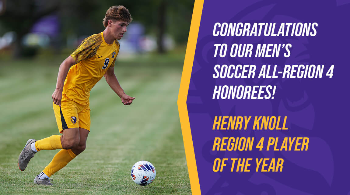 MCC Scots soccer player Henry Knoll wears a yellow uniform as he dribbles a ball on the grass. Text celebrating Henry Knoll as Region 4 Player of the Year is following his picture. 
