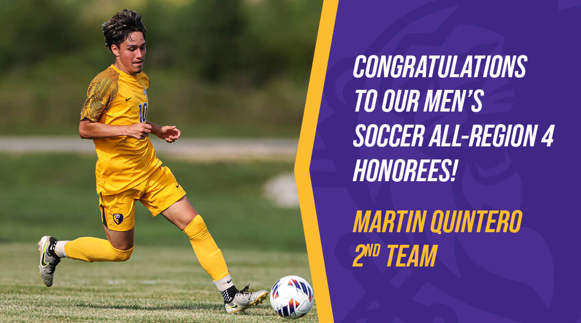 Men's soccer player, Martin Quintero, wears a yellow jersey, kicking a ball on grass with congratulatory text for Alvaro Manzano's honorable mention.
